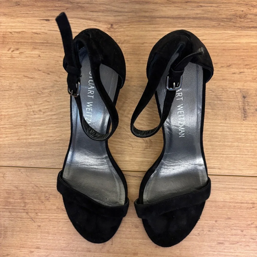 STUART WEITZMAN NearlyNude Heel Sandals Black Suede Women Size 7 Formal Open Toe
